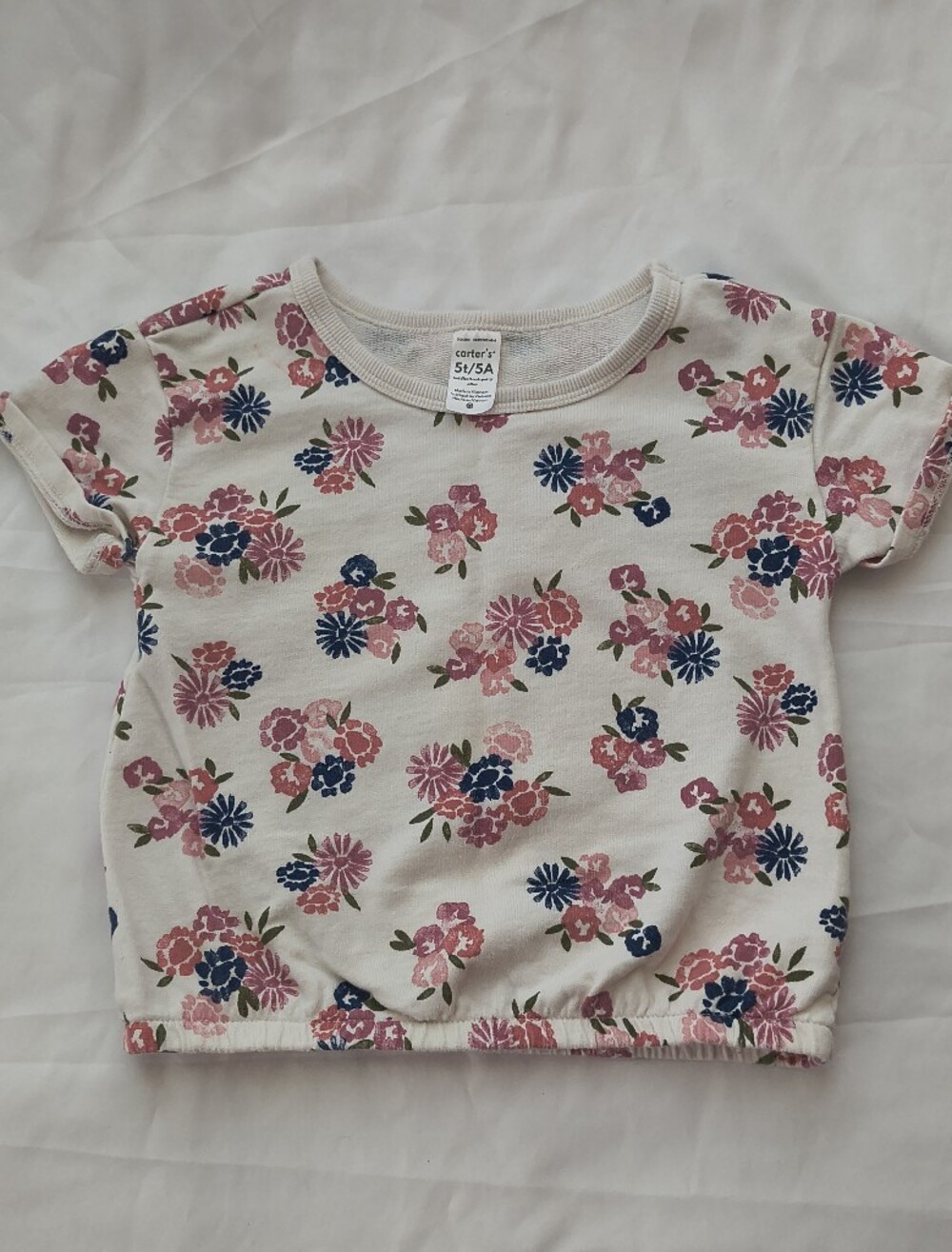 Carter's Girls Cream Short Sleeve Tee 5T Pink Navy Floral Print Roll Sleeves